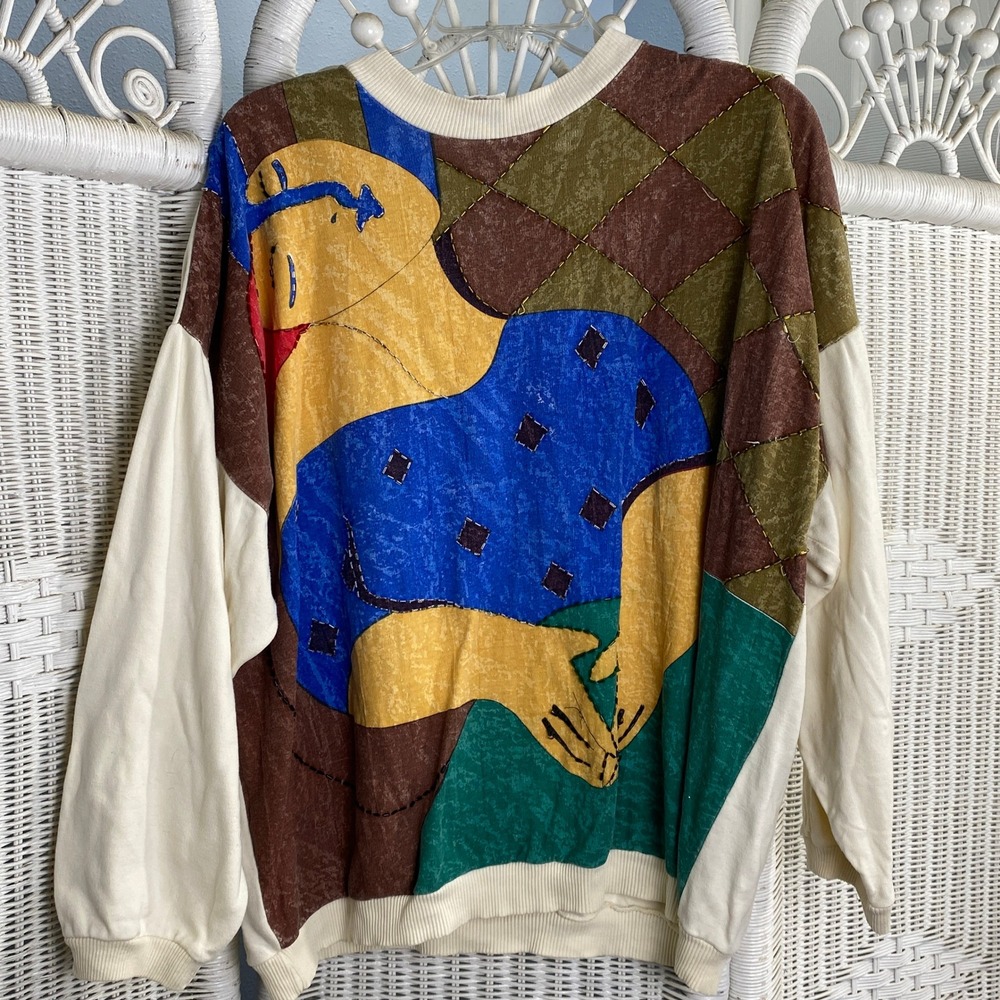 Vintage Jou Jou 80s Painted Art Sweatshirt Beaded Abstract Face Oversized‎ Artsy